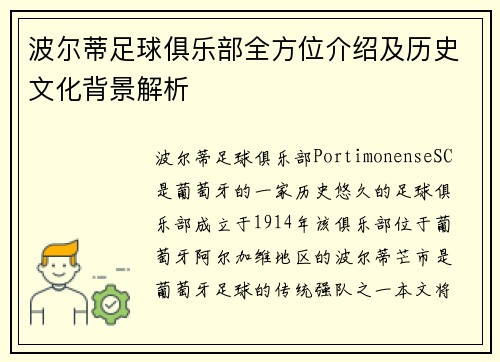 波尔蒂足球俱乐部全方位介绍及历史文化背景解析 波尔蒂足球俱乐部全方位介绍及历史文化背景解析