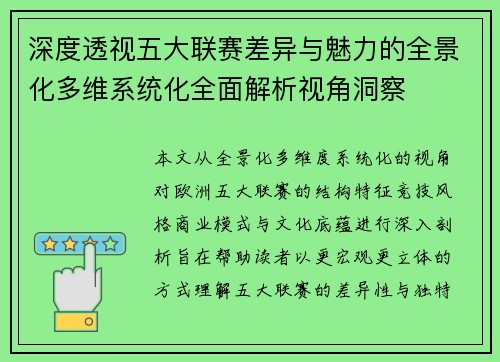 深度透视五大联赛差异与魅力的全景化多维系统化全面解析视角洞察