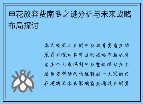 申花放弃费南多之谜分析与未来战略布局探讨