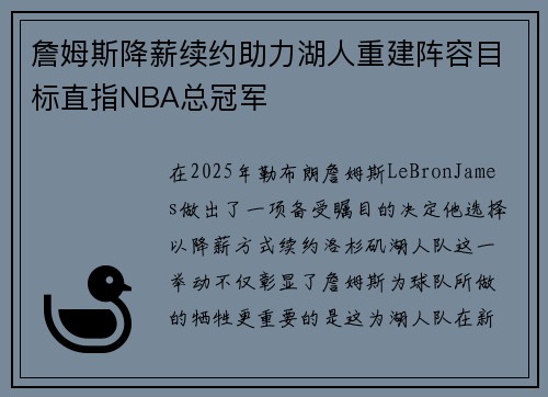 詹姆斯降薪续约助力湖人重建阵容目标直指NBA总冠军 詹姆斯降薪续约助力湖人重建阵容目标直指NBA总冠军